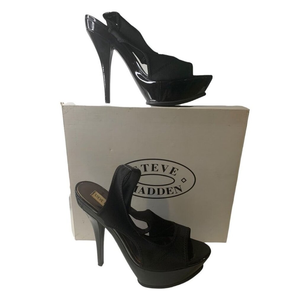 Size 9 Steve Madden Black Fabric Patent Platform Heels "Reina"‎
